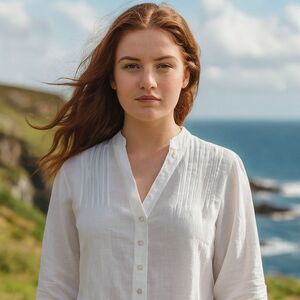 Richard Malcolm Irish Linen Blouse Womens Sz L Crisp White Split Neck Lagenlook